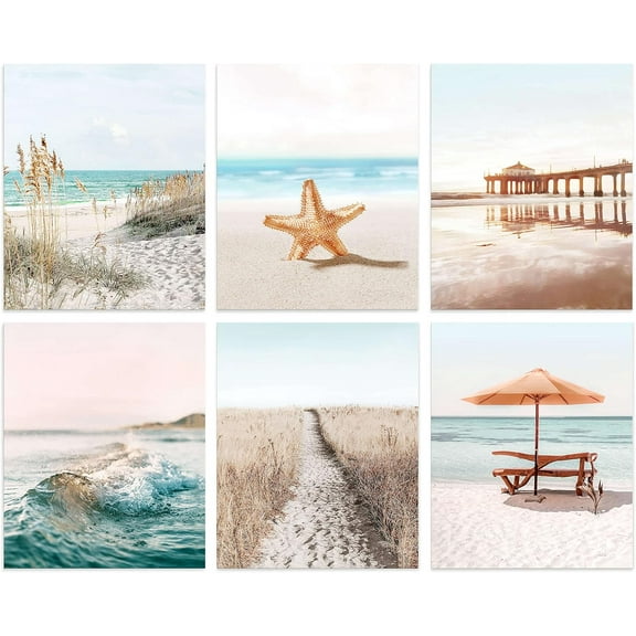 Coastal Prints Wall Art Beach Pictures Set of 6 Aesthetic Seaside Artwork Starfish Sand Boardwalk Ocean Wave Posters for Home Decor Unframed 8x10 Inch