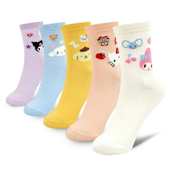 Hello Kitty Official Licensed Women's  Crew Socks, Cute Character Design, 5 pack Set Collection