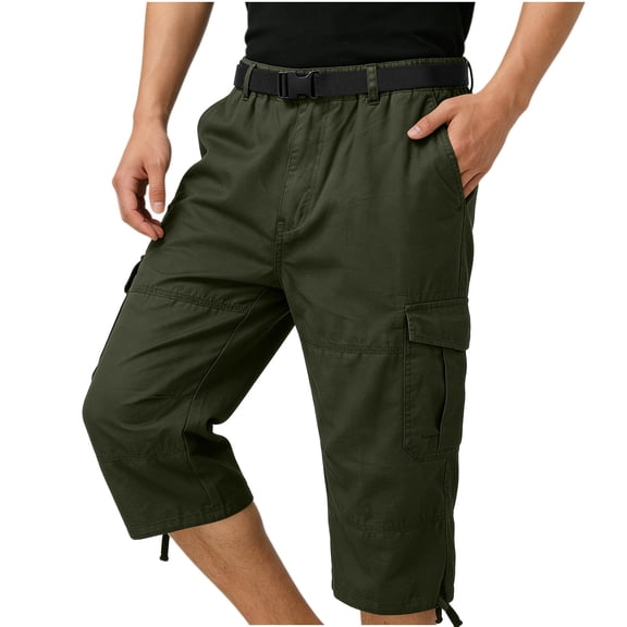 Bpyeka Men's Cargo Capri Pants, Elastic Waist Cotton Blend Multi-Pocket Zipper Button Outdoor Straight Leg Trousers, M-4XL
