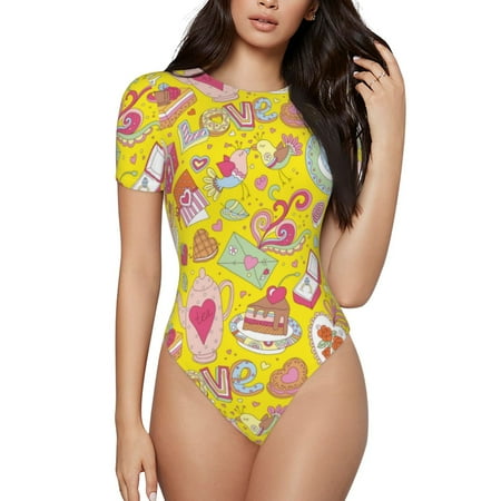 Vsdgher Love Heart1 Prinr Short Sleeve Body suit for Womens  Sexy Onesie One Piece Round Neck Bodysuit Shapewear Tummy Control-Medium