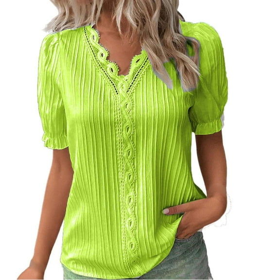 Stamzod Women's Tops Fashion Solid Color V Neck Short Sleeve Lace Blouses Casual Loose Plus Size Lightweight Tops & Blouses Green XXXL