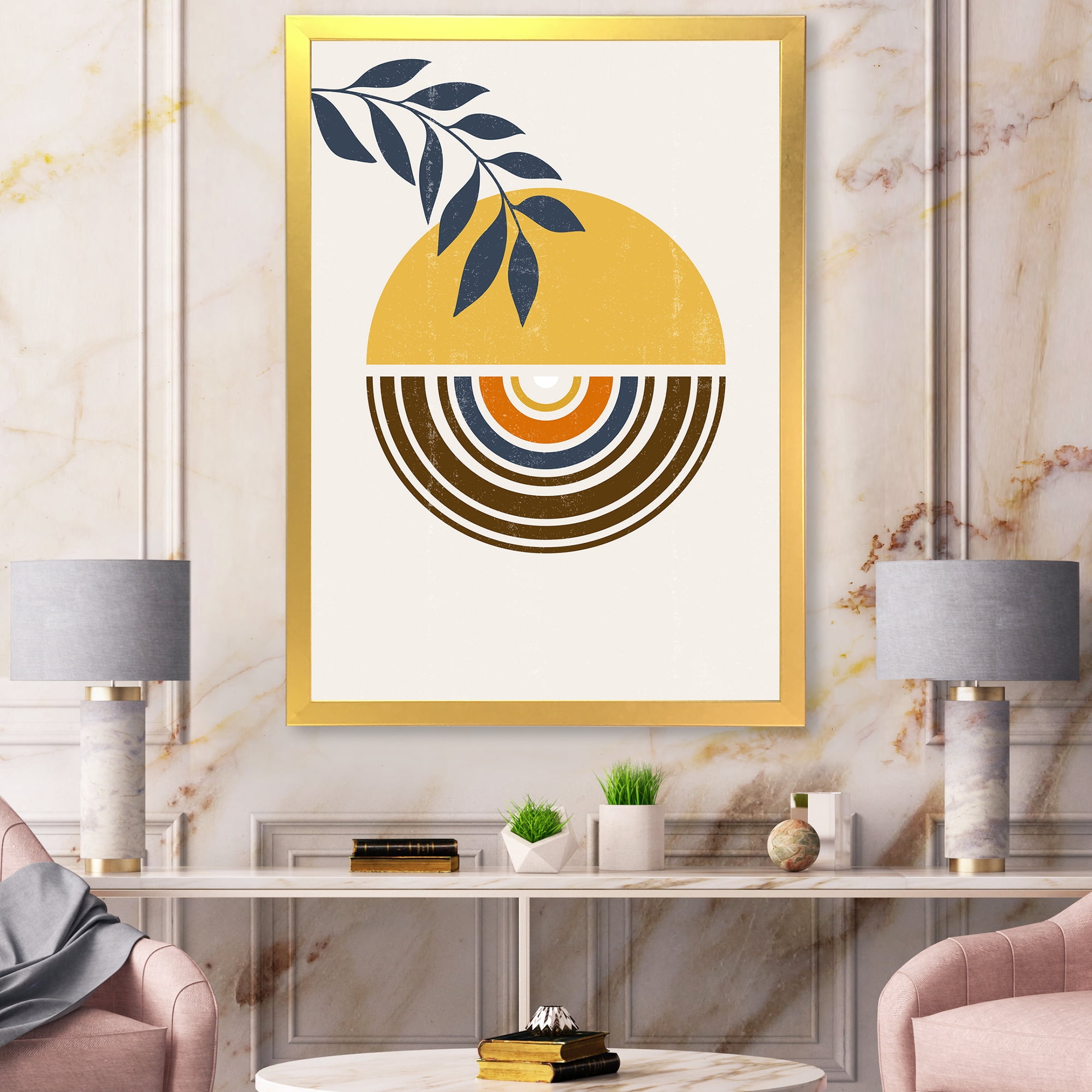Designart 'Abstract Sun and Moon Leaves ' Modern Framed Art Print