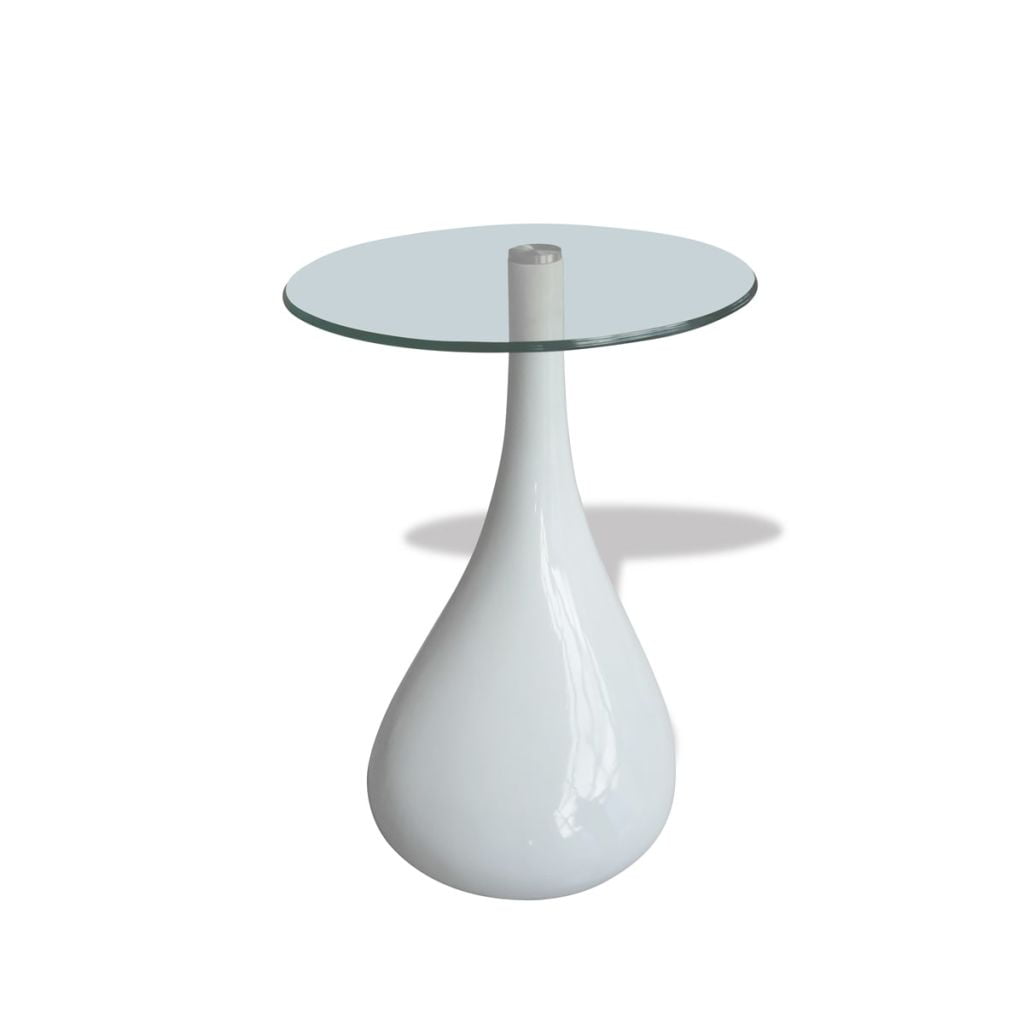 Coffee Table w/Round Glass Top, High Gloss Side End Stand Table, White