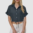 thumbnail image 2 of YDFCWXW Linen Shirts for Women Casual Sexy Crop Tops Short Sleeve Button Down Blouses V Neck Loose Fit Trendy Tees Shirt Dark Gray, L, 2 of 6