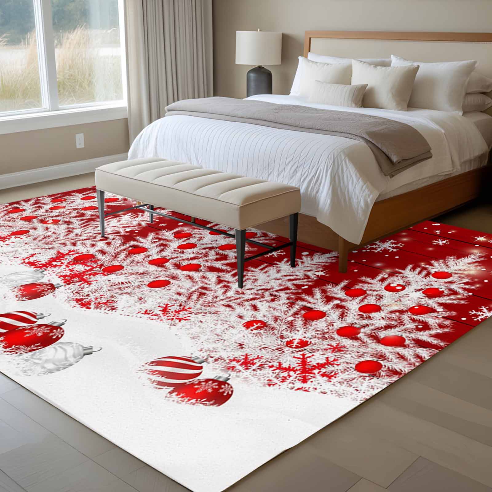 6x9 Area Rugs for Living Room, Red Christmas Non Slip Area Rugs for Kitchen Bedroom Entryway, Snowflake Xmas Tree Ball Wooden Winter Washable Carpet Runner Rug Floor Mats for Bedroom Home Decor