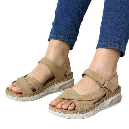 

ZIZOCWA Soft Sole Vintage Women Sandals Leather Ladies Comfortable Open Toe Wedges Beach Shoes Footwear Fashion Hook Loop Sandals Summer Khaki Size8.5