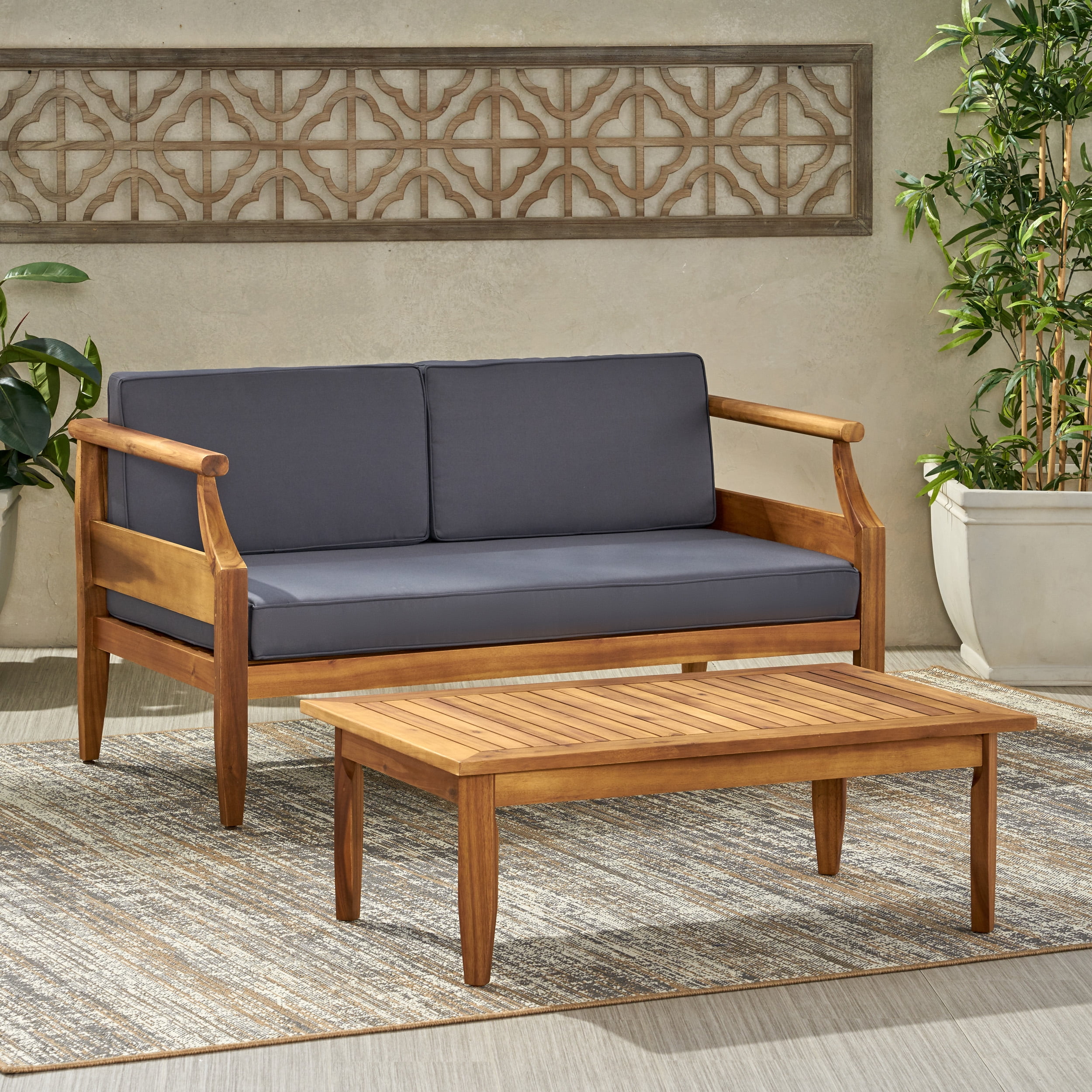 Euroco Mid-Century Modern Outdoor 3-Piece Acacia Wood Patio Sofa Set with Coffee Table and Water-Resistant Cushions