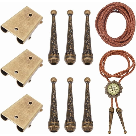3 Sets Bolo Tie Making Kit Bolo Tie Tips Replacement End Caps Kit Bolo Tie Buckle Accessories with 6 Pcs Alloy Cord End and 3 Pcs Iron Bolo Tie Slide Clasps
