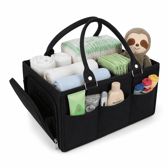 Baby Diaper Caddy Organizer for Girl Boy Large Nursery Storage Bin Basket Portable Holder Tote Bag for Changing Table and Car Baby Shower Gifts Newborn Essentials Baby Registry Must Haves Items-Black