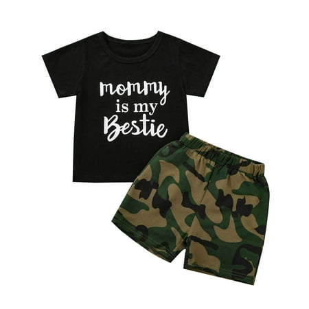 

Seyurigaoka Little Boy’s Letter Short Sleeve Tops and Camouflage Shorts Set