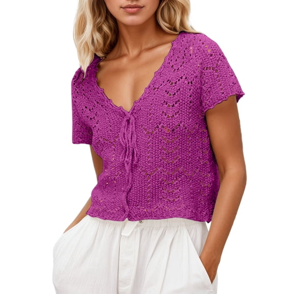 Cardigan For Women Breathable Lace Knit Summer Beach Cover Up For Short Sleeve Open Front Light Weight Cardigan