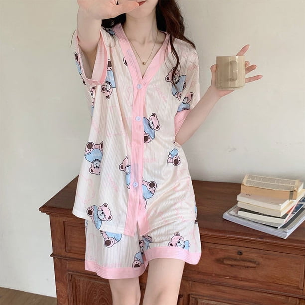 Pijamas de mujer de verano estilo coreano con estampado de oso, pantalones cortos de manga corta, conjunto de dos piezas, ropa holgada para el hogar para estudiantes