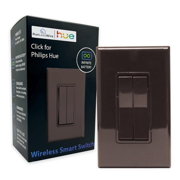 RunLessWire Click for Philips Hue – Battery-Free Wireless Smart Light Switch, 30ft Range – Works Natively with Philips Hue Bridge – Wall Mount Kinetic Switch - Decora Style, Brown