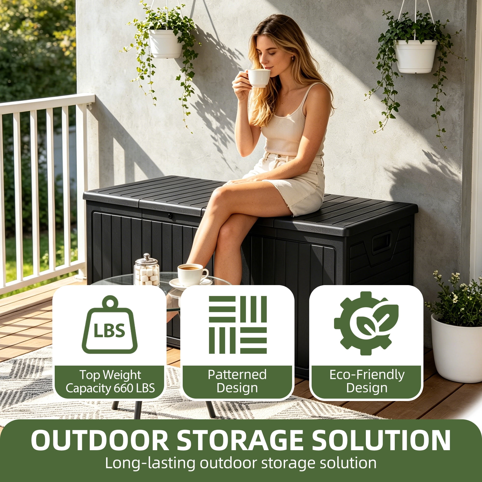 Uforic 300 Gallon Extra Large Outdoor Deck Box, Double-Wall Waterproof Lockable Resin Storage Box, Multipurpose Patio Storage Bin for Garden Tools Pool Supplies, Black