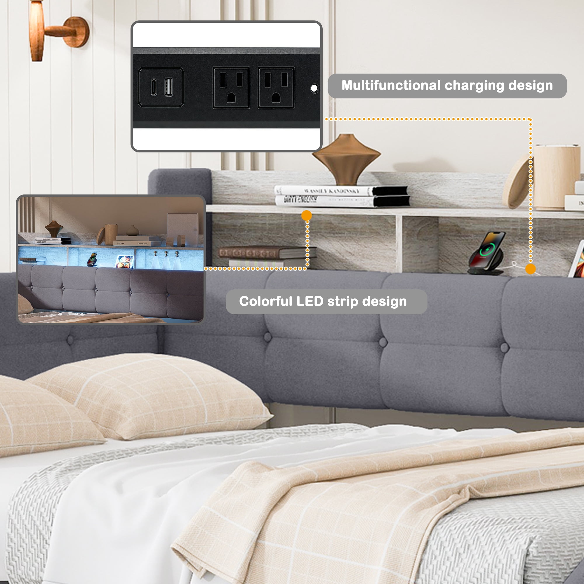 Euroco Upholstery Full Size Daybed with Drawers, Storage Sofa Bed with Footstool and Shelves, LED Light and USB Charging, Grey