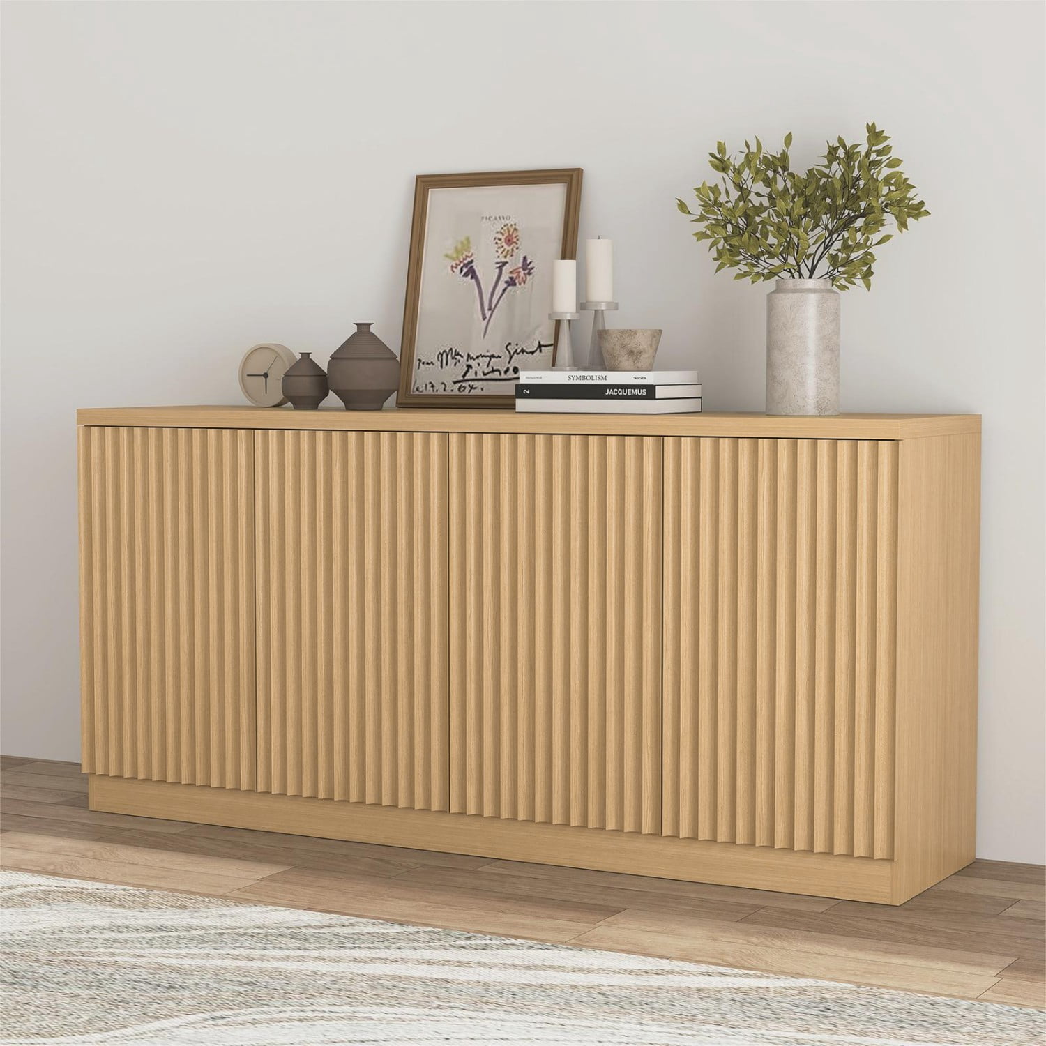 62.6" Buffet Cabinet with Storage, 4 Door Sideboard Cabinet with Shelves, Wooden Coffee Bar Cabinet Credenza Console Table for Kitchen Dining Room Living Room, Natural