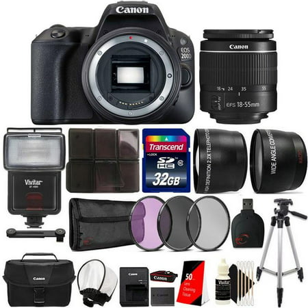 Canon EOS Rebel 200D / SL2 24.2MP Digital SLR Camera Black EF-S 18-55mm Lens with Bounce Zoom Flash and Complete