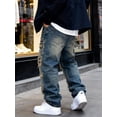 thumbnail image 5 of Reppunk Men's Ripped Distressed Straight Baggy Jeans Trousers Streetwear Menswear Plain Solid Color Casual Denim Pants, 5 of 9
