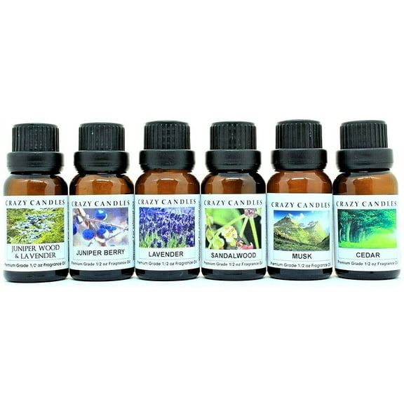Crazy Candles 6 Bottles Set, Juniper Wood & Lavender, Juniper Berry, Lavender, Sandalwood, Musk, Cedar 1/2 fl oz Each (15ml) Premium Fragrance Oils