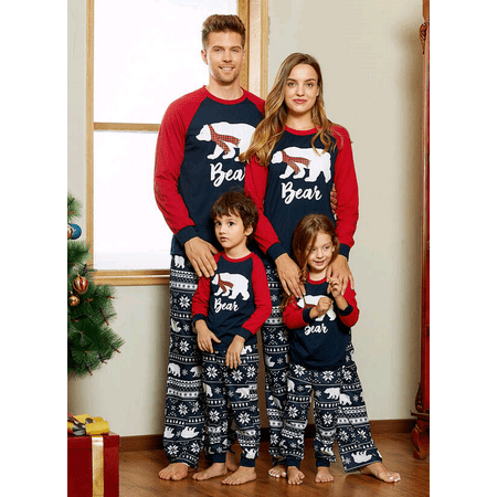 

Gueuusu Christmas Pajamas for Family Long Sleeve Round Neck Bear Print Tops with Jogger Trousers / Romper