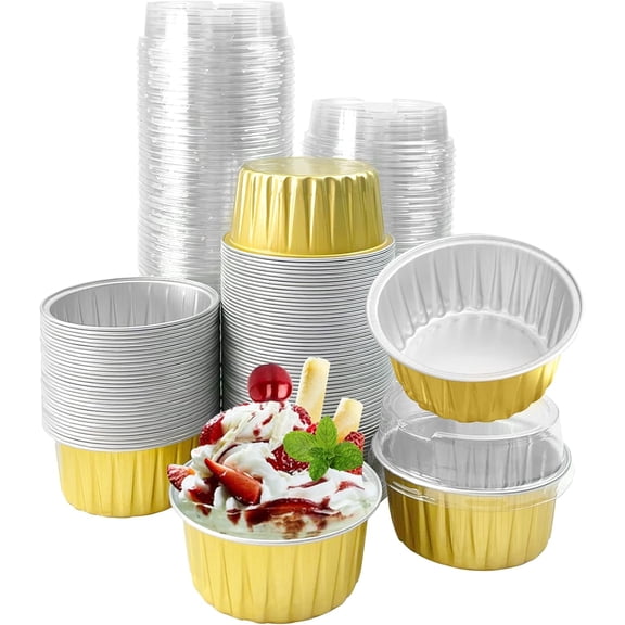 50Pcs Aluminum Cups with Lids,5oz Disposable Ramekin Baking Cups Muffin Liners Mini Pie Pans Foil Cupcake Containers for Christmas Party Wedding Party