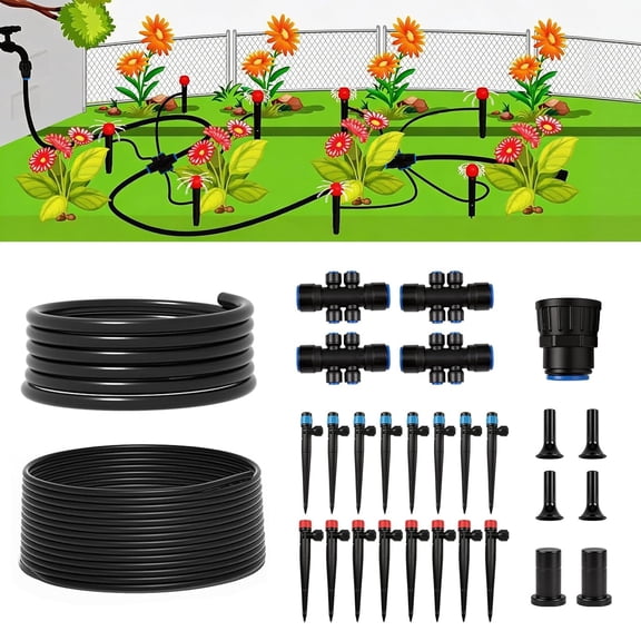 100FT Drip Irrigation System Kit, Quick Connect Garden Watering System, Easy Install Kit with 1/2" & 1/4" Tubing, Adjustable Emitters for Garden, Raised Beds, Greenhouse
