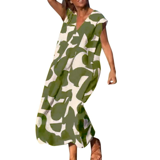 2025 Robe à Col en V pour Dames à Manches Courtes, à Lacets, Imprimée, Grande Jupe, Robe d'Été pour Femmes, Robe Maxi pour Dames, Robes d'Été Décontractées pour Femmes, Robe de Saison, Robes Chemise Maxi, Robes Longueur Genou fo