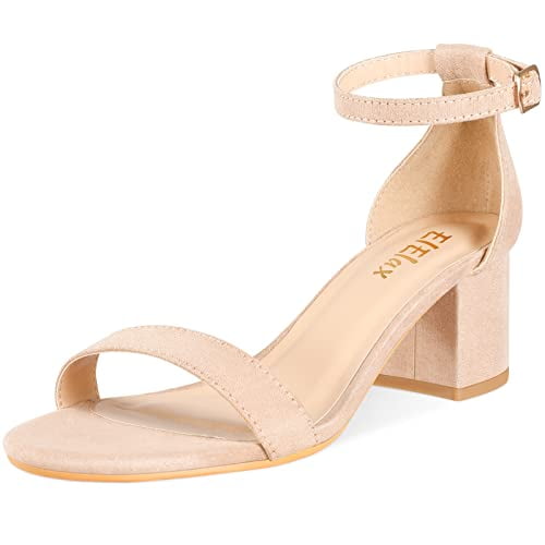 ElElax Nude Heels for Women Chunky - Heels for Women Strappy Sandals Chunky Pumps Low Heels Open Toe Block Heels for Daily Wear Wedding 2.25inches
