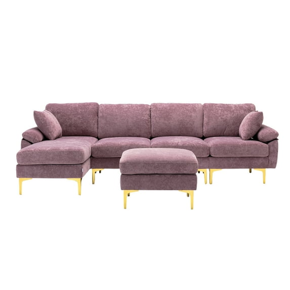 Living Room Sofa Set with Ottoman, Modern Accent Sectional Sofa with Chaise, Polyester Fabric U-Shape Modular Sectional Sofa Sleeper Couch with Plywood Frame and Metal Legs, Purple