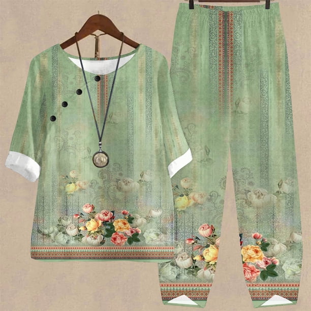 Puntoco-Conjunto de traje de dos piezas para mujer, top corto con cuello redondo y pantalones informales, estampado de verano, liquidación Puntoco Puntoco-3191