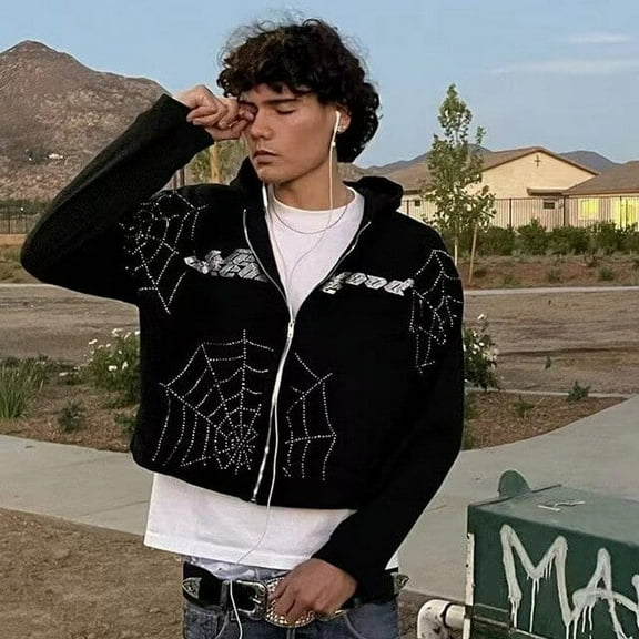 YCNYCHCHY Y2K Rhinestone Cobweb Zip Up Hoodie Women Streetwear Oversized Sweatshirt 2023 Spring Men Goth Hooded Jacket Emo Clothes