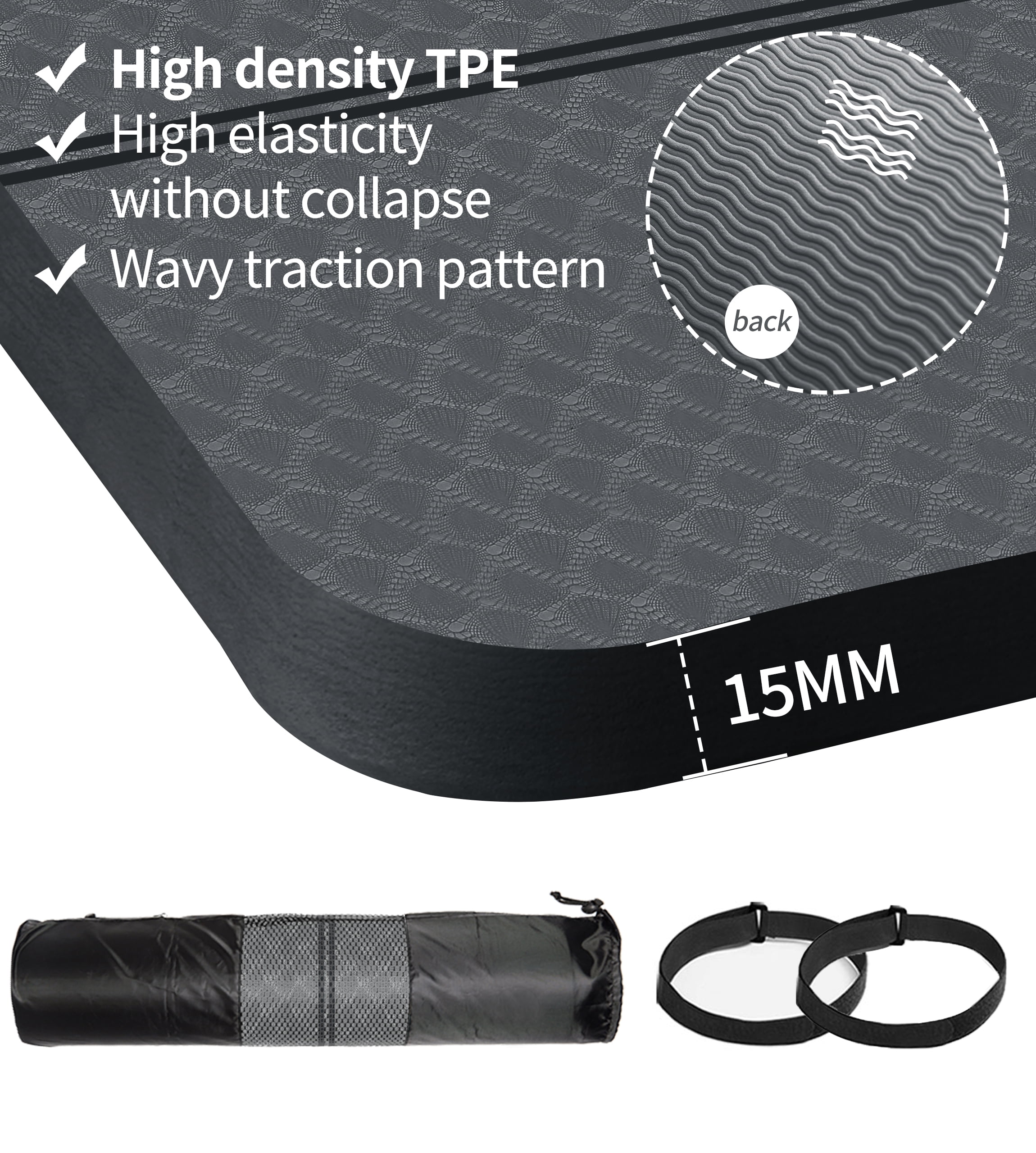 Extra Thickened 15mm Exercise Mat (72" x 32") for Men & Women Non Slip with High Density Large Shock Absorber Pad for Home Gym Travel & Floor Outside Fitness in Grey