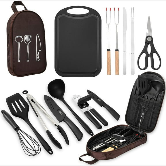 Camping Essential Cookware Set - Portable Camping Kitchen Utensils and Tableware Outdoor Accessories, Stainless Steel and Silicone, RV Picnic BBQ Camping Gear