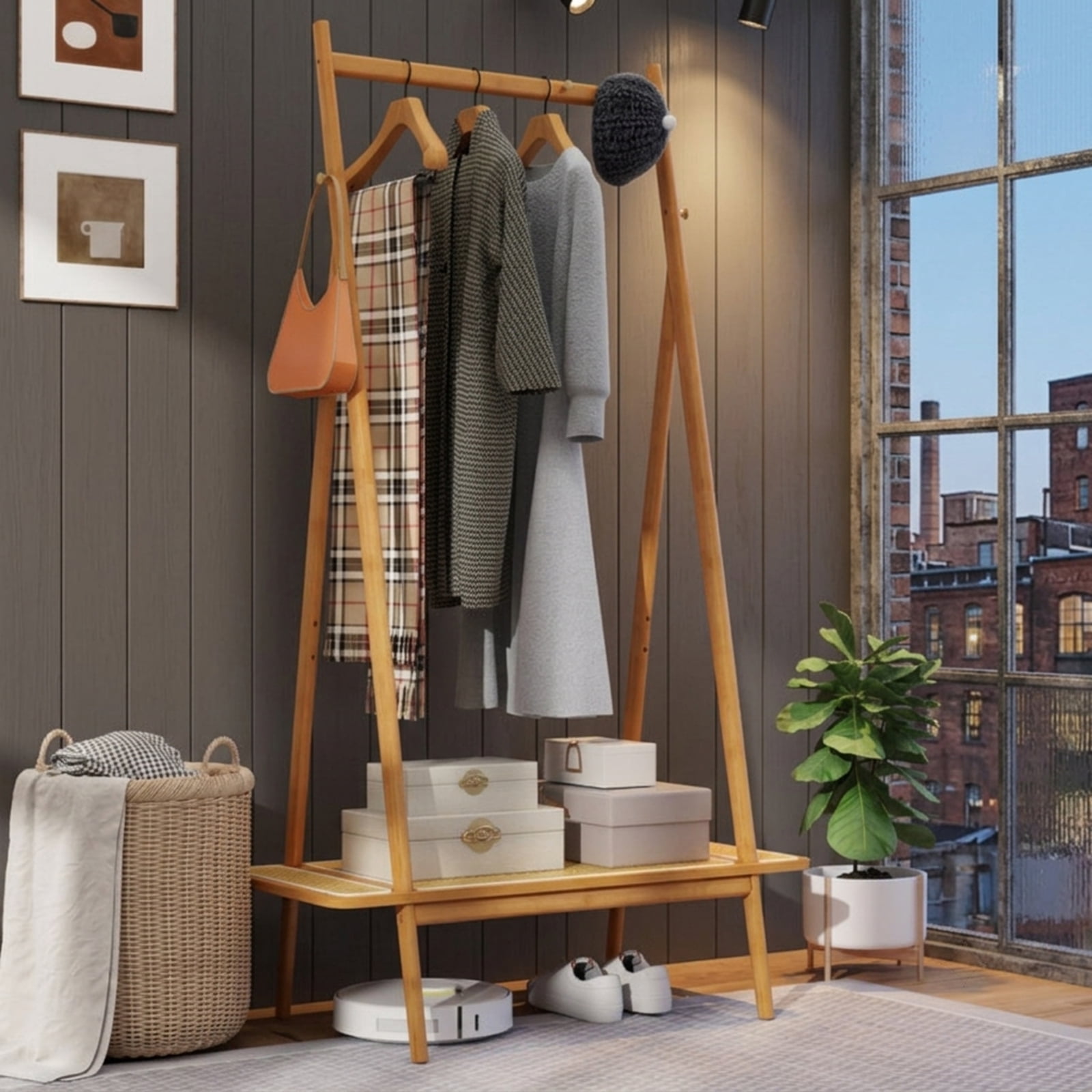 Furnibear Bamboo Clothes Rack with Hanging Rod Rattan Shelf and 5 Copper Hooks Freestanding Garment Rack for Bedroom and Entryway, Natural