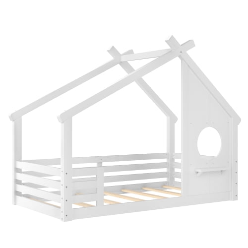 Bellemave Twin House Floor Bed with Window and Shelf, Solid Wood Montessori Bed with Roof, Low to Ground House Bed with High Fence for Bedroom, White