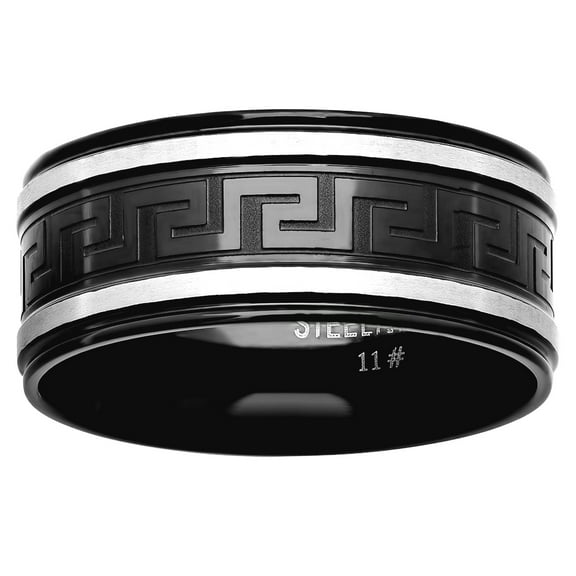Stainless Steel Mens Two-tone Greek Key Pattern Center Black Comfort-fit Fashion Band Ring Size 9 Wedding Band for Men