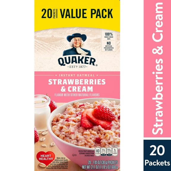 Quaker, Instant Oatmeal, Strawberry & Cream, Ready-to-Microwave Oatmeal, 1.1 oz Packets, 20 Pack