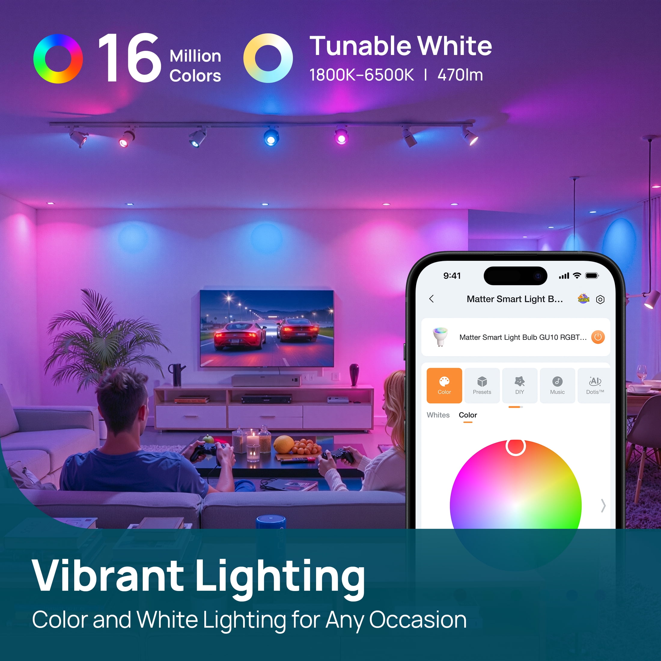 Linkind Matter Smart Light Bulbs, GU10 40W Color Changing LED Light Bulbs, Dimmable, Work with Alexa, Google Home, Apple Home, Music Sync, 4 Pack