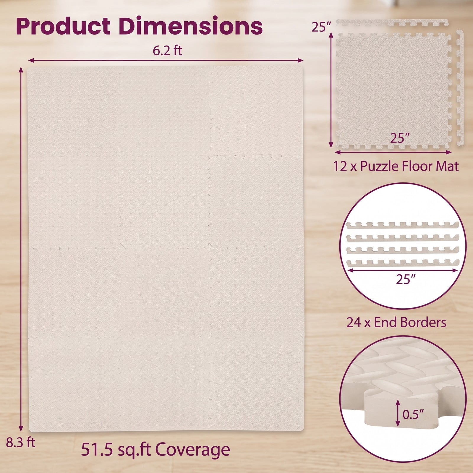 Airfind 12 Tiles Puzzle Exercise Floor Mat with Interlocking EVA Foam and Non-Slip Texture for Home Gym Equipment Protection, Beige