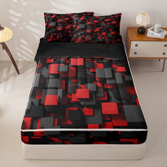 Homewish 3D Plaid Print Zipper Twin Comforter Sets with Fitted Sheet and 2 Pillowcases,Black Red Zipper Bedding Set,Black Reversible,4pcs