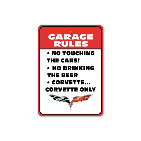 Corvette Garage Rules Aluminum Metal Decor Sign - 10x14 inches