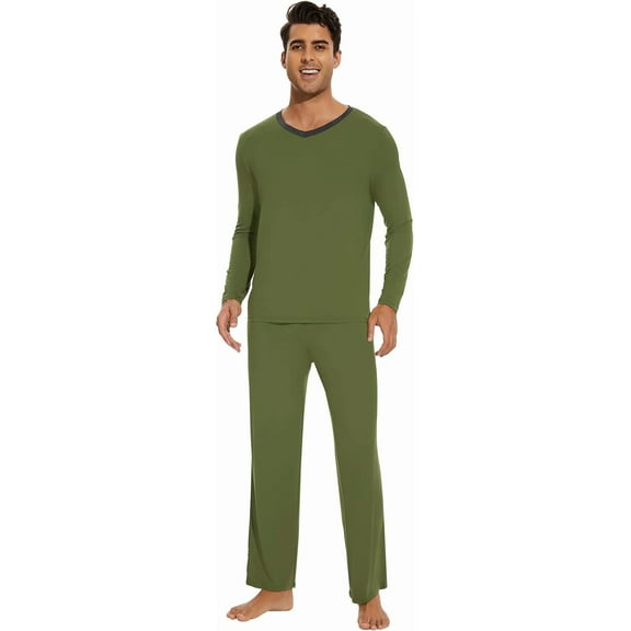 WiWi Men's Viscose from Bamboo Pajama Sets Long Sleeve Top and Pants Sleepwear Nightwear Pjs Loungewear Sleep Set S-XXL, Army Green, Large