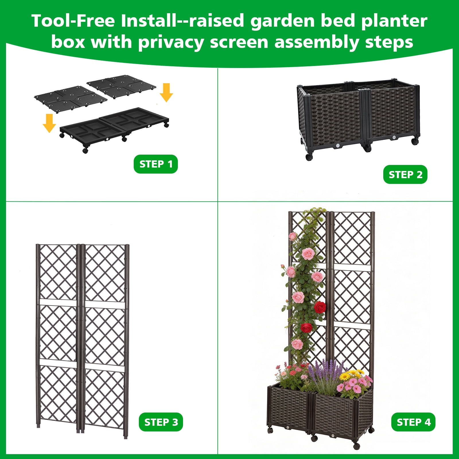 ROMUCHE Trellis Planter on Wheels, Self Watering Garden Planter Box with Drainage Hole for Climbing Plant Vegetable Flower
