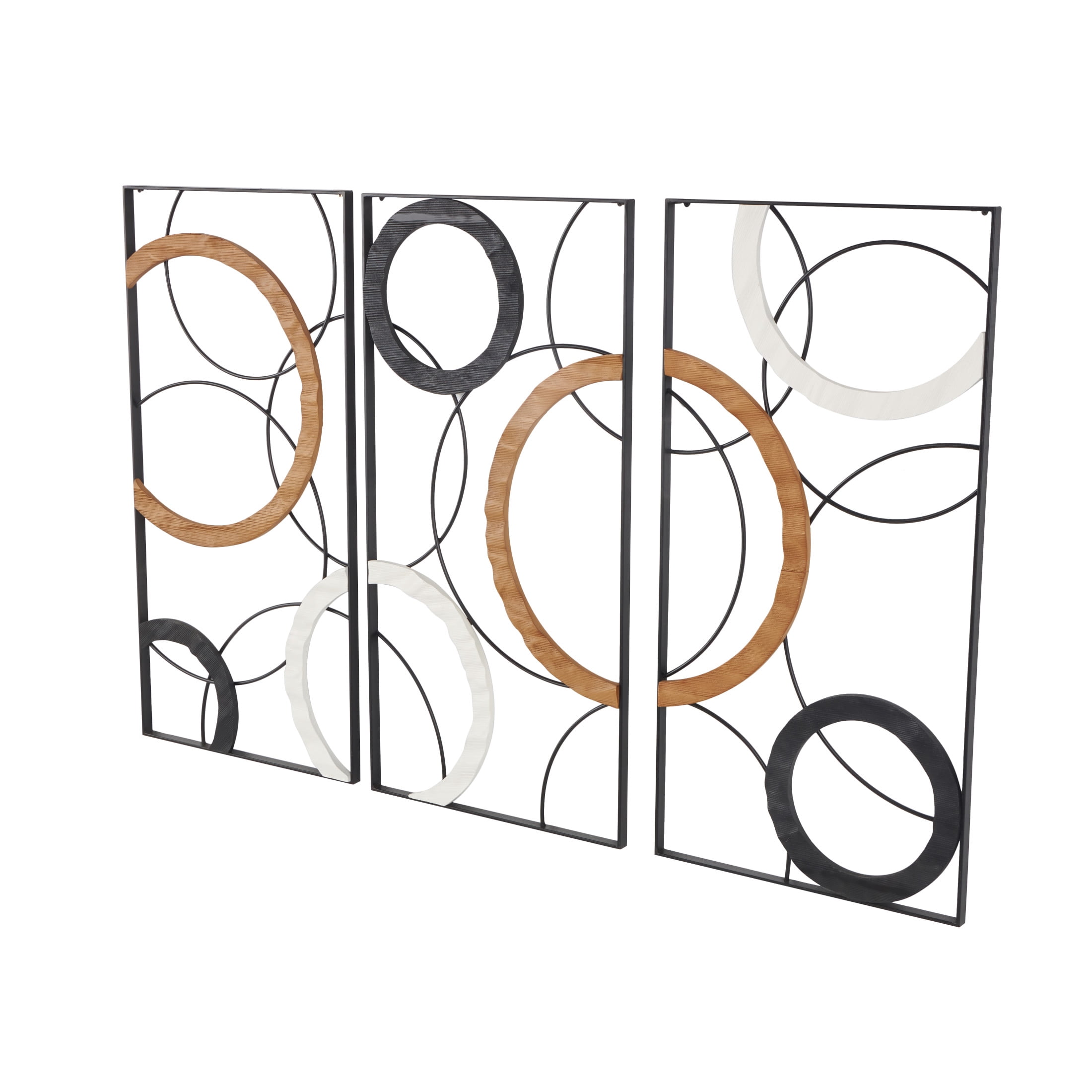 DecMode Black Metal Overlapping Circles Geometric Wall Decor with Brown and White Wooden Accents (3 Count)