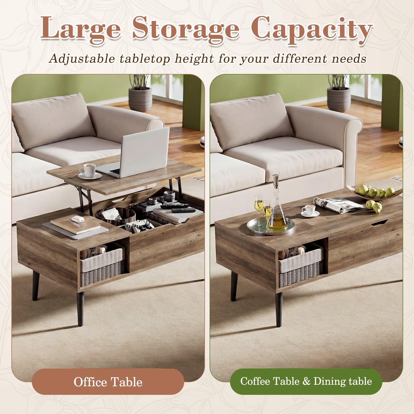 CONCETTA Lift Top Coffee Table with Storage, Small Living Room Table with Adjustable Shelf and Storage Compartment,White Gray