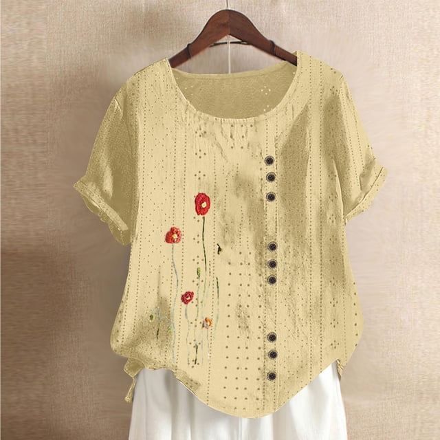 Blouses pour Femmes, Mode Féminine Imprimée Confortable Ample Manches Courtes Blouse Boutonnée Col Rond Décontracté