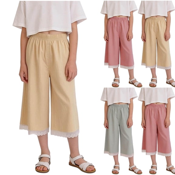 Asxite Toddler Girls Pants Solid Lace Wide Leg Cropped Elastic Waist Summer Breathable Sweatpants 6M-14Y