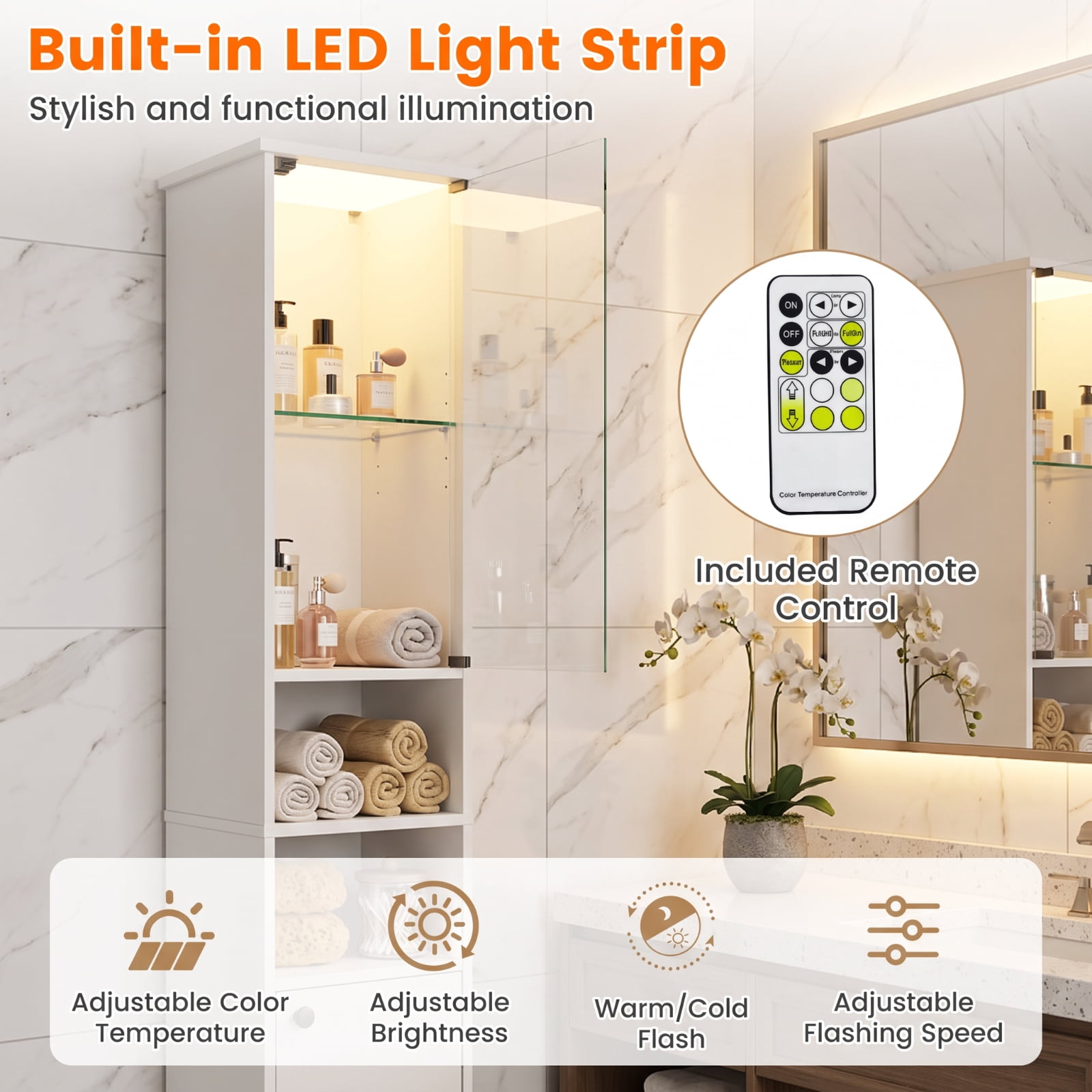Vebreda Tall Bathroom Storage Cabinet with LED Lights, Freestanding Narrow Floor Cabinet with Remote Control, Adjustable Shelves and Push-to-Open Tempered Glass Door, White