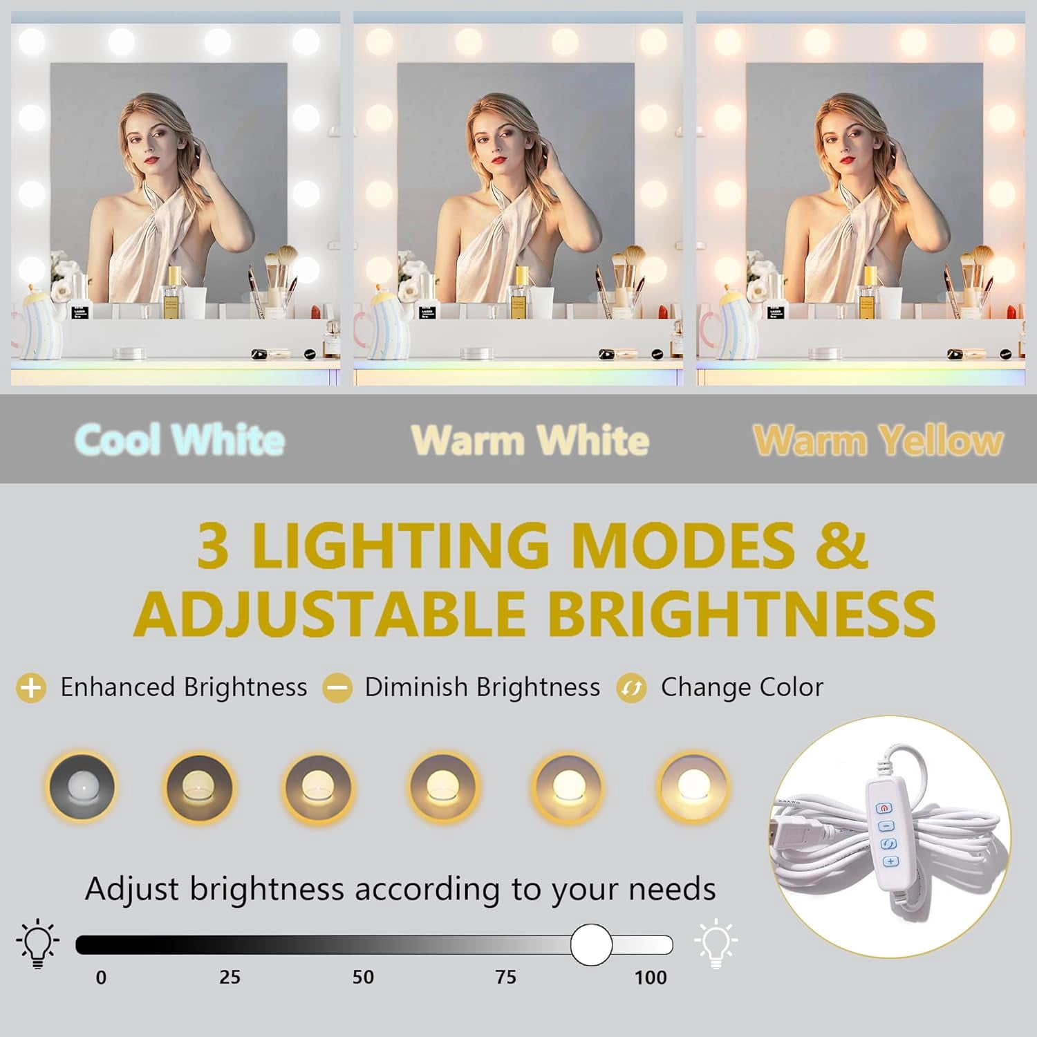 FANRAL 43'' Vanity Desk with 10 LED Lights,Under-Table RGB Strip & Built-in Power Station,Multi-Storage Makeup Table for Bedroom Bathroom Grooming,White Vanity