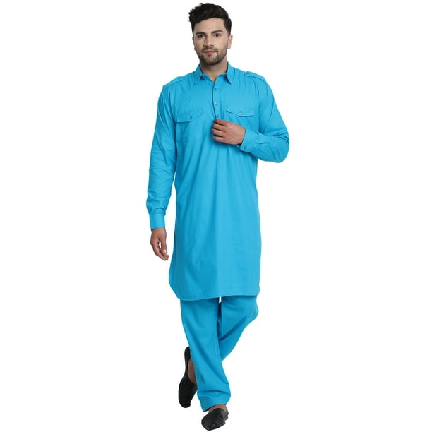 SKAVIJ Hommes Kurta Pyjama Mis Pathani Style Indien Robe Décontractée Turquoise XL